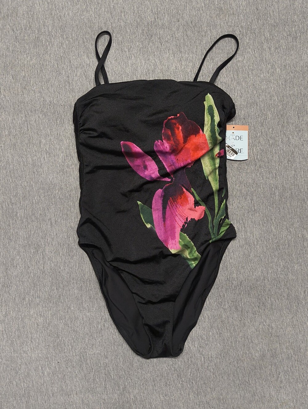 Shade & Shore Floral High‑Shine Straight‑Neck One‑Piece – Black M